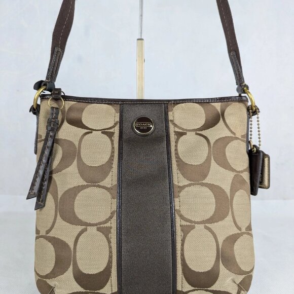 COACH F21905 SIGNATURE STRIPE DUFFLE SIGNATURE FABRIC Dark Brown - Picture 2 of 15